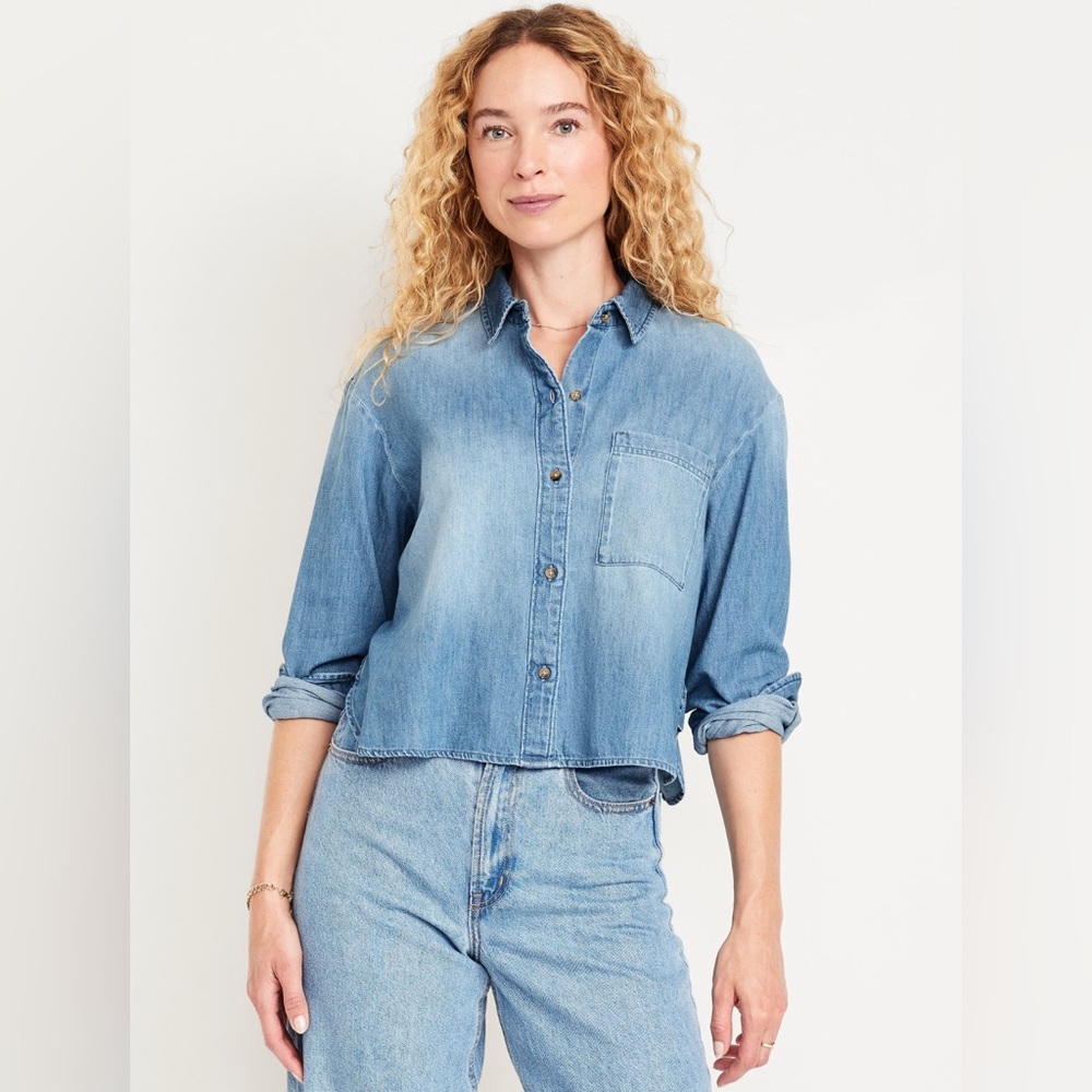 Cropped Jean Button-Down Shirt Size XXL